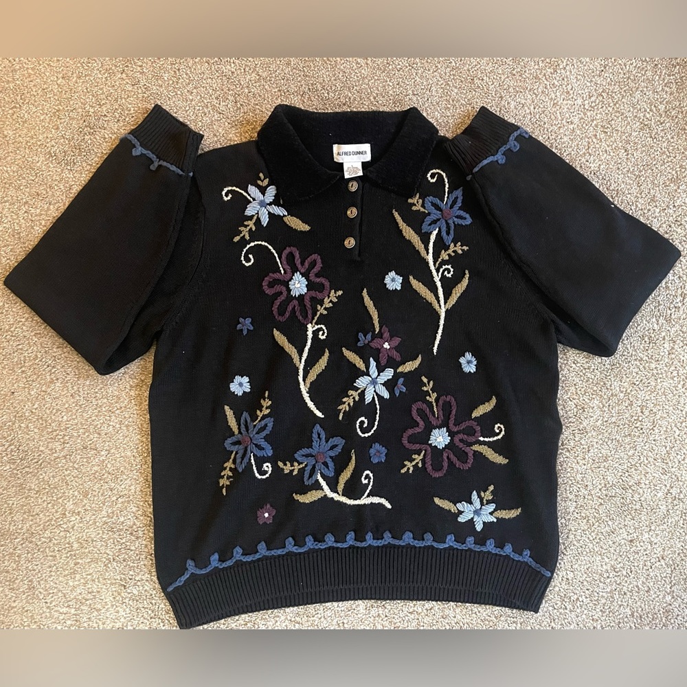 Alfred Dunner Flower Decorative Black Sweater